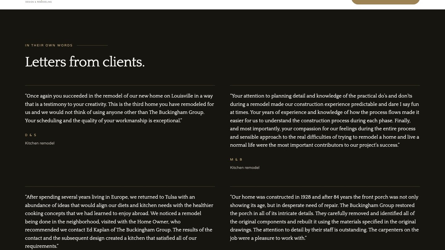 The client letters section of the new homepage