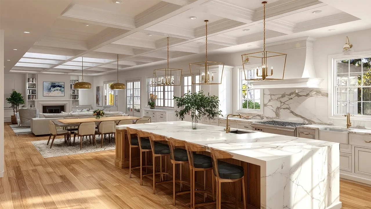 An open kitchen and dining area under a coffered ceiling