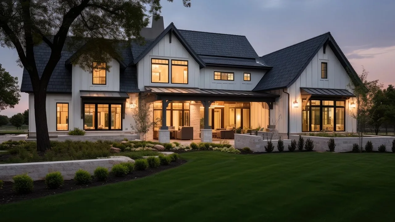 A remodeled Tulsa home at dusk with the windows lit