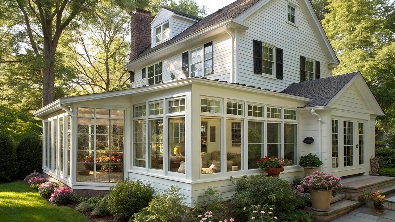 A sunroom addition with white trim and banks of windows